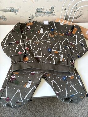 Zara Olive Green Holiday Sweater & Pants Set with White Snow Accents